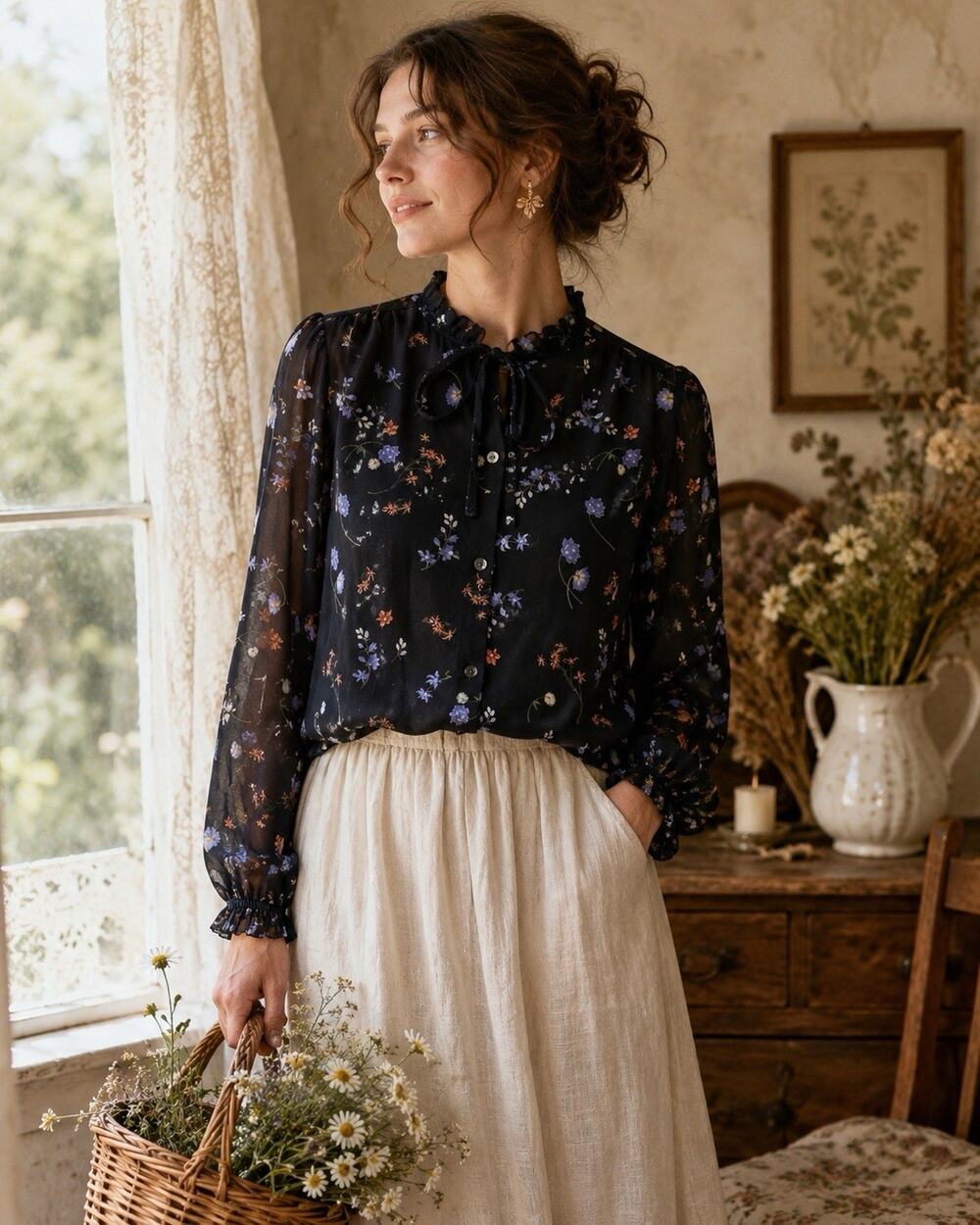 Wilfred Sheer Black Floral Tie Neck Blouse Romantic Cottagecore Boho Size Small